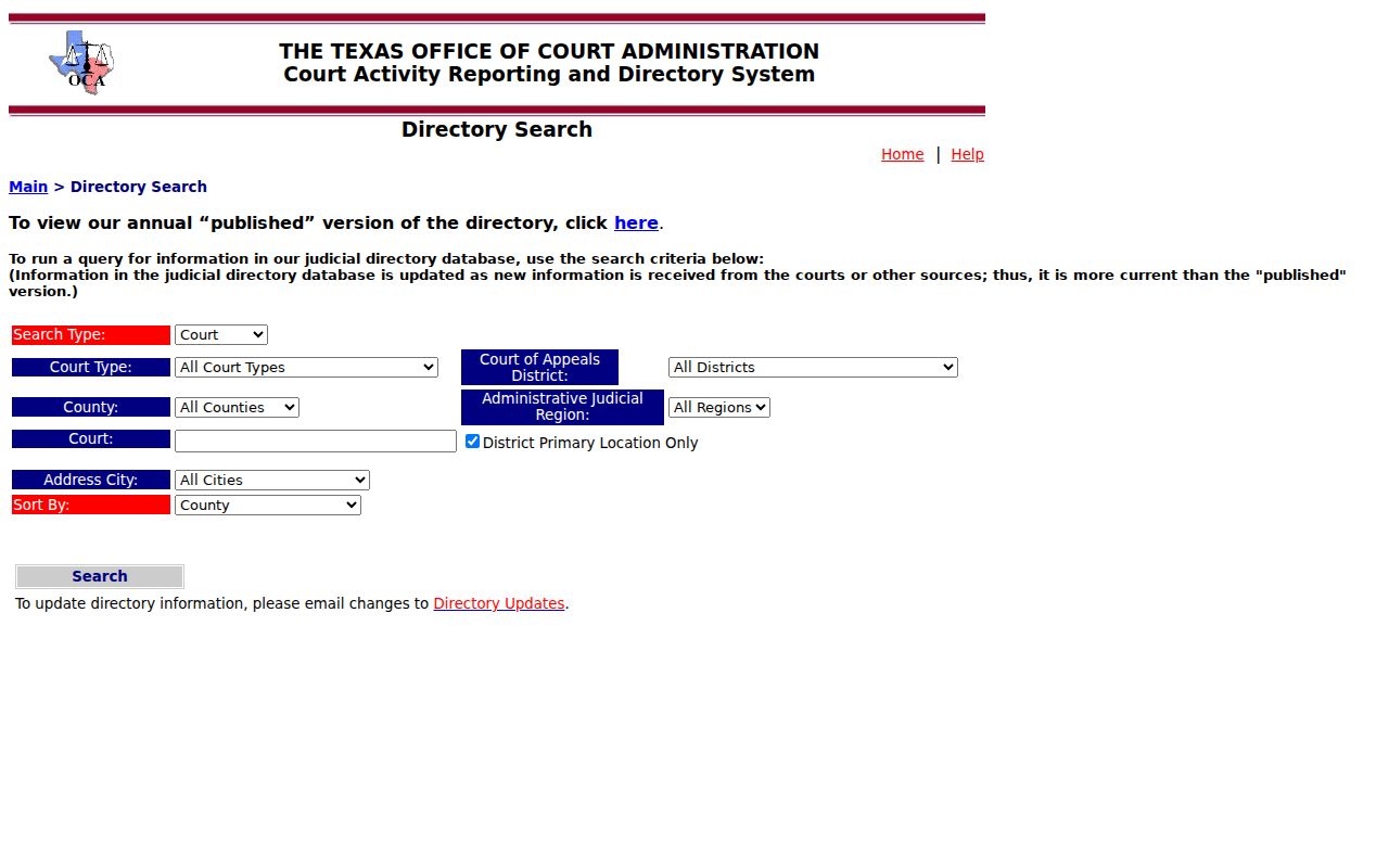 Texas OCA directory search for Sabine County courts